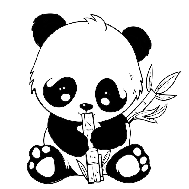 Cute baby panda outline page of coloring book for children black and white Hand painted sketches