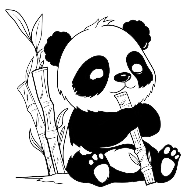 Cute baby panda outline page of coloring book for children black and white Hand painted sketches