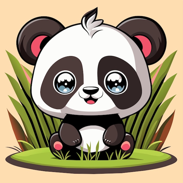 Vector cute baby panda sitting in the grass hand drawn cartoon sticker icon concept isolated illustration