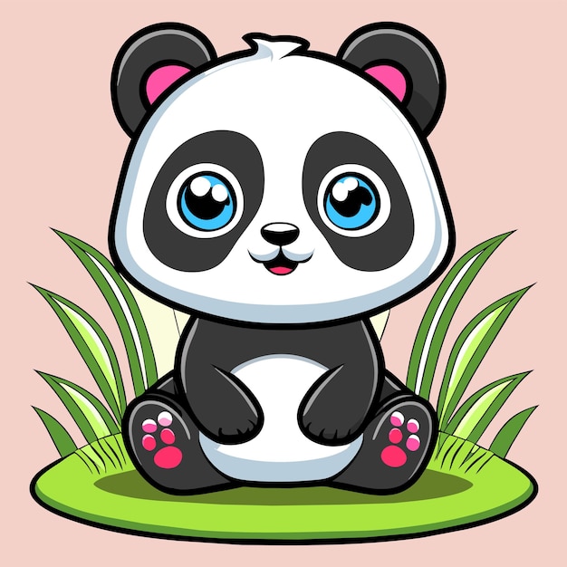 Vector cute baby panda sitting in the grass hand drawn cartoon sticker icon concept isolated illustration