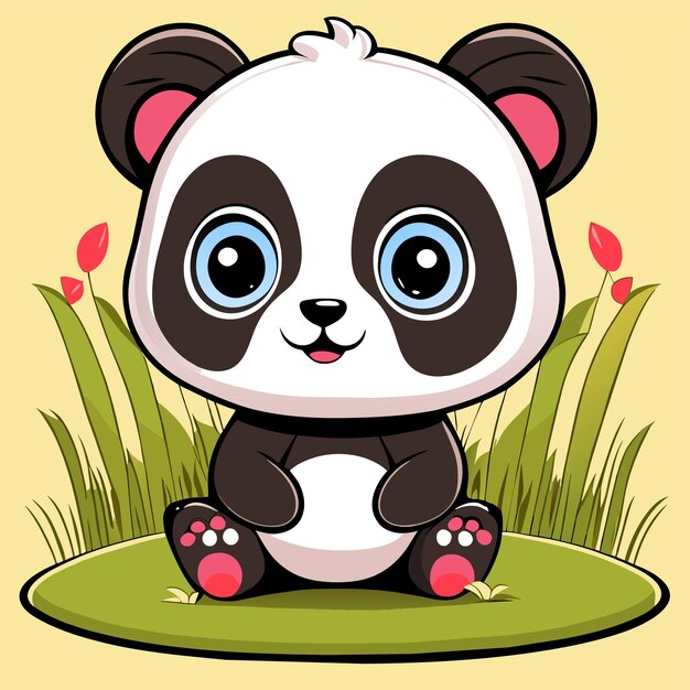 Cute baby panda sitting in the grass hand drawn cartoon sticker icon concept isolated illustration