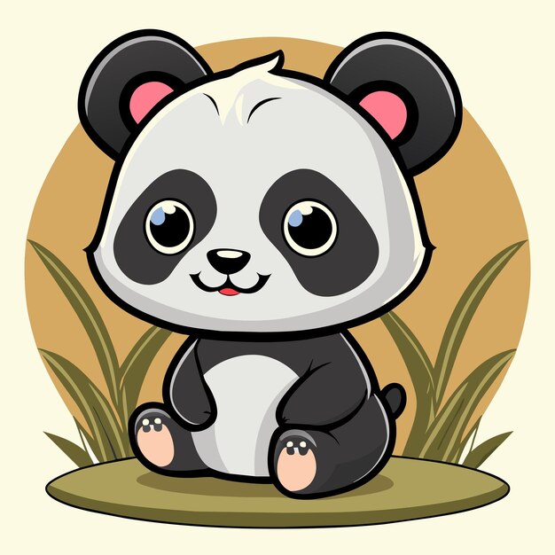 Vector cute baby panda sitting in the grass hand drawn cartoon sticker icon concept isolated illustration