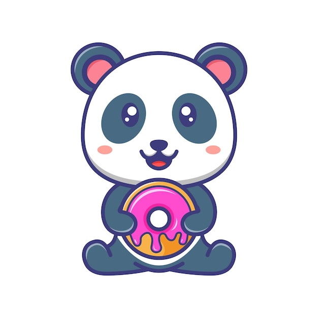 Cute baby panda sitting and holding a doughnut cartoon illustration