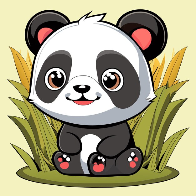 Вектор Симпатичная маленькая панда сидит в траве, нарисованная вручную мультяшная наклейка, иконка, изолированная иллюстрация