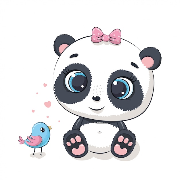 Cute baby panda with bird.   illustration