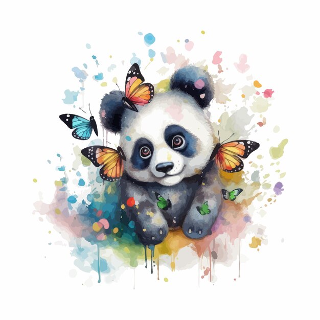 A cute baby panda with butterfly cartoon watercolor white background