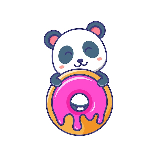 Cute baby panda with doughnut or donut cartoon illustration