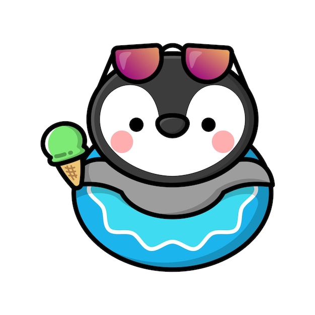 Vector a cute baby penguin is relaxing on a swimming rubber cartoon vector