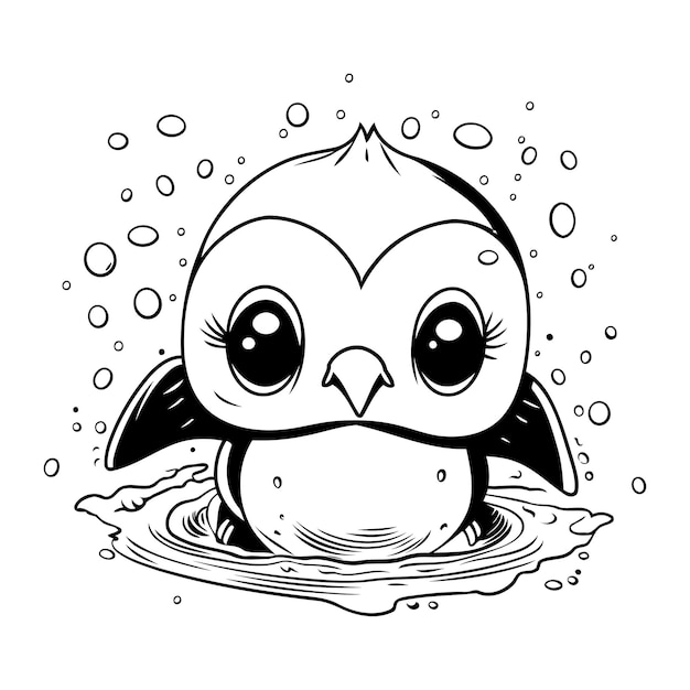 水中の可愛いベビーペンギン 手描きのベクトルイラスト