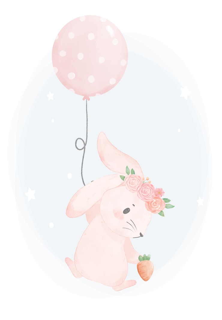 Vector cute baby pink bunny rabbit floating by a balloon watercolor animal nursery  hand drawn painting