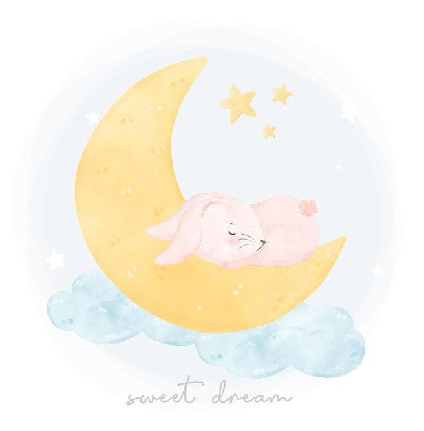 Cute baby pink bunny rabbit sleeping on the crescent moon watercolor nursery animal hand drawn