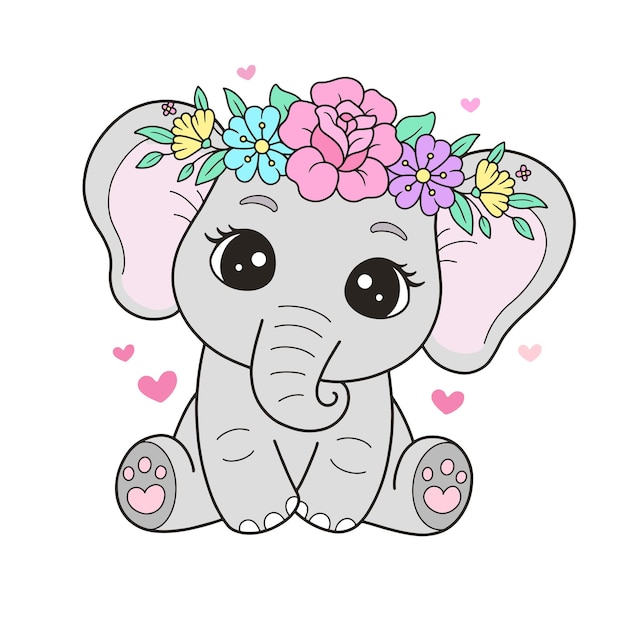 cute baby pink elephant with wreath flowers head band cartoon illustration