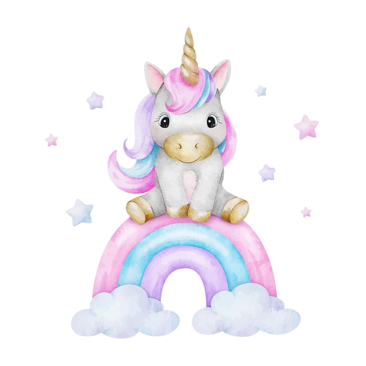 Vector cute baby pink rainbow fairytale unicorn star and clouds isolated watercolor illustration for logo kids goods clothes textiles postcards poster baby shower and childrens room