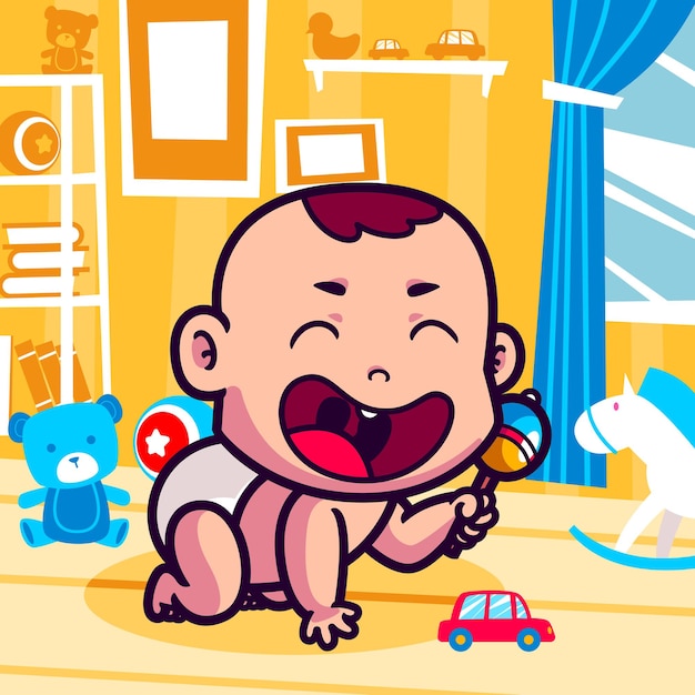 Cute baby playing with toys cartoon