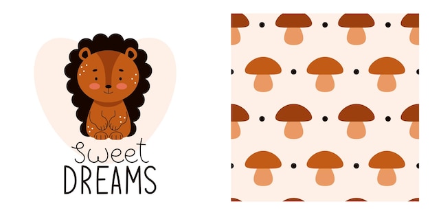 Cute baby print for pajamas or bedding. Forest animals for printing on fabric. Lettering for children, sweet dreams. Adorable hedgehog. Vector illustration