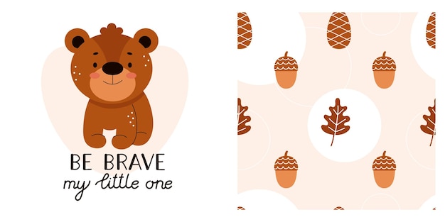 Cute baby print for pajamas or bedding. Forest animals for printing on fabric. Lettering for children, sweet dreams. Adorable teddy bear. Vector illustration