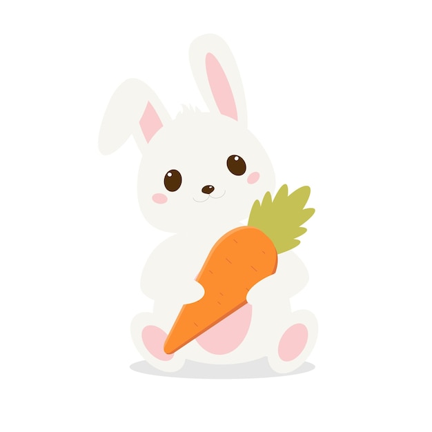 Cute baby rabbit holds carrot.