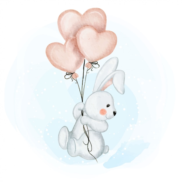 Cute baby rabbit with balloon love watercolor illustration