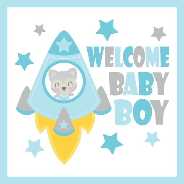 Vector cute baby raccoon in rocket vector cartoon illustration for baby shower card design, postcard, and wallpaper