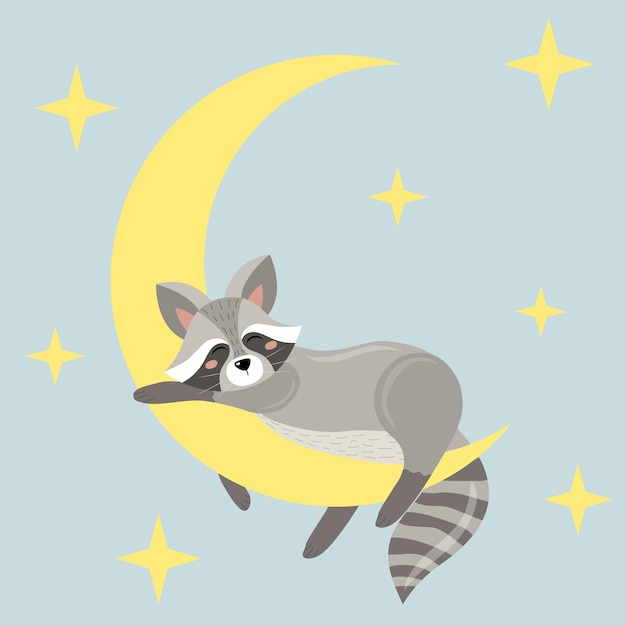 Vector cute baby raccoon sleep on moon nursery decoration room prints for baby room baby showergreeting cardkids and baby tshirts and wear hand draw design