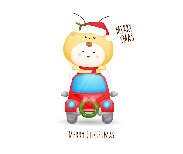 Cute baby santa in red car for merry christmas illustration premium vector