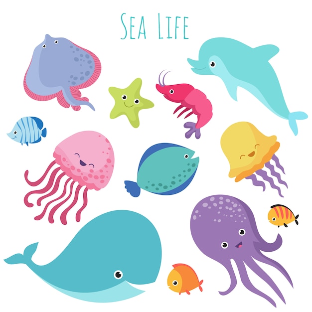 Cute baby sea fishes. cartoon underwater animals collection