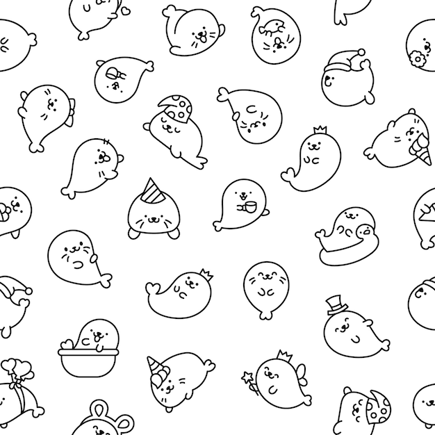 Cute baby seals Seamless pattern Coloring Page