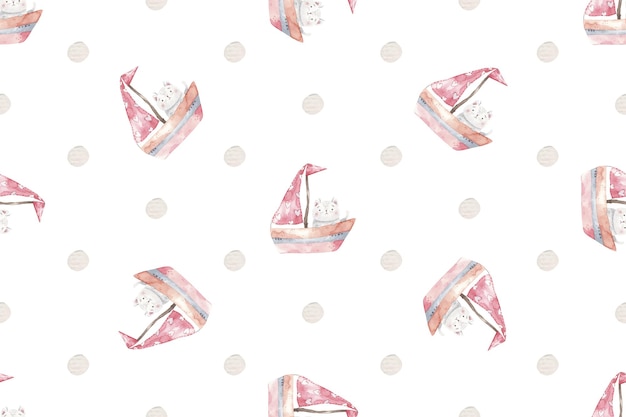Cute baby seamless pattern for kids, red boats with animals, print, decor