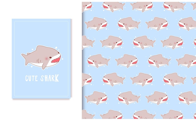 Cute baby shark cartoon doodle seamless pattern and kawaii card