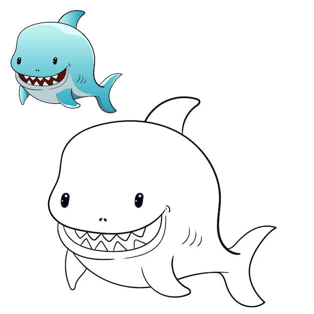 Cute baby Shark coloring page Black and white cartoon illustration for coloring books education