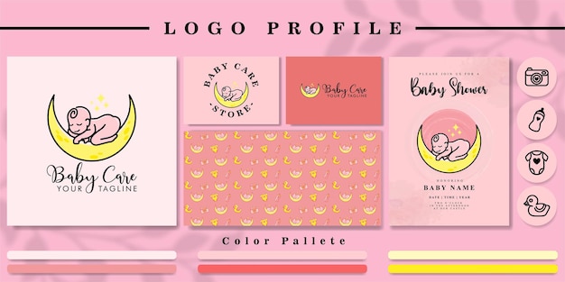 Cute baby shop logo with pattern  and mockup invitation icon for branding