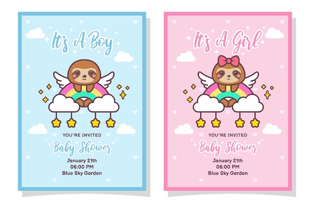 Cute baby shower boy and girl invitation card with sloth, cloud, rainbow, and stars