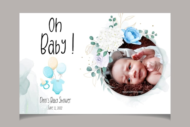 Vector cute baby shower card with beautiful floral and gold leaves