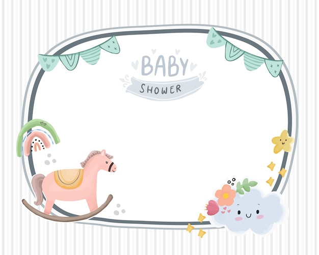 Vector cute baby shower frame animal background with horse, rainbow and cloud cartoon illustration