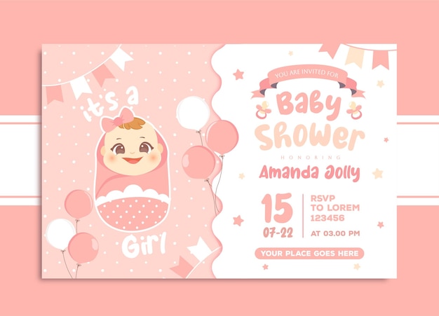 Vector cute baby shower invitation pink template for baby girl