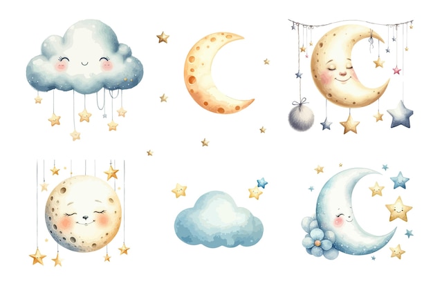 Cute baby shower watercolor elements moon stars and clouds