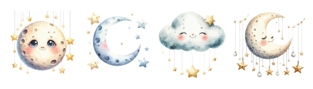 Cute baby shower watercolor elements moon stars and clouds