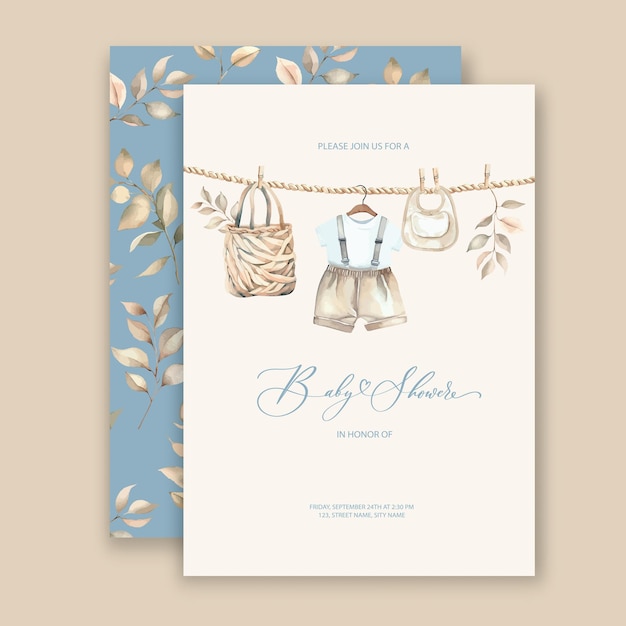 Cute baby shower watercolor invitation card for baby and kids new born celebration with baby clothes