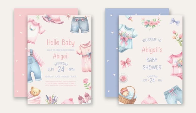 cute baby shower watercolor invitation card for baby and kids new born celebration with baby clothes