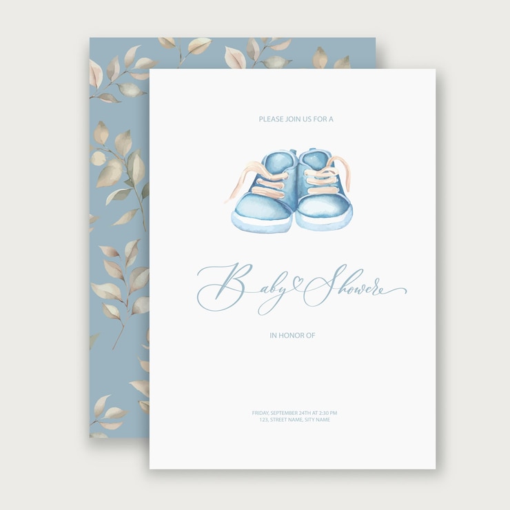 Vector cute baby shower watercolor invitation card for baby and kids new born celebration with baby shoes