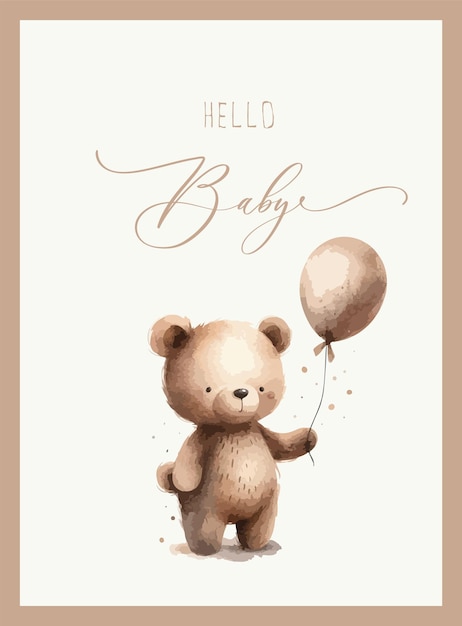 Cute baby shower watercolor invitation card with bear Hello baby calligraphy