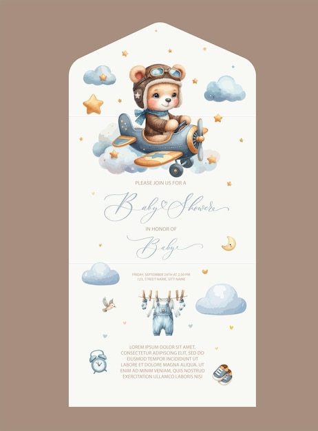 Carino biglietto d'invito ad acquerello per la doccia del bambino con l'orso pilota su un aereo calligrafia degli autori.