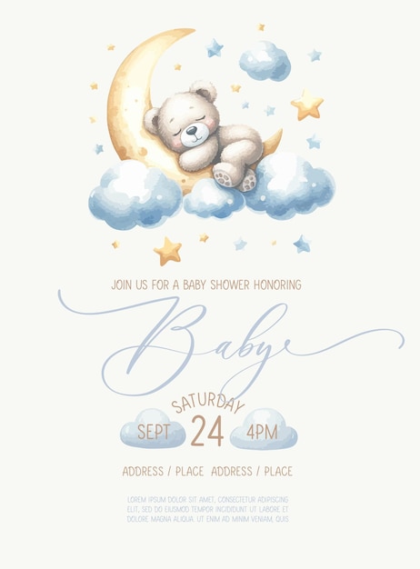 Cute baby shower watercolor invitation card with bear sleeping on cloud