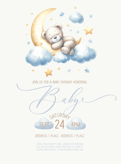 Милая акварельная пригласительная карточка для детского душа с медведем, спящим на облаке.