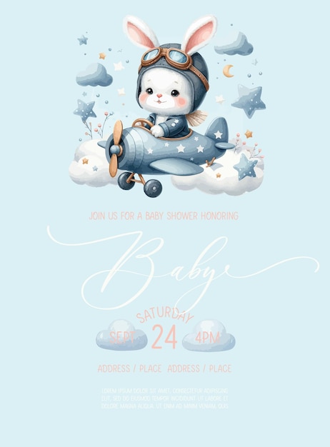 Cute baby shower watercolor invitation card with bunny pilot on an airplane