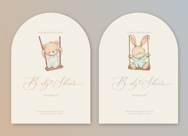 Cute baby shower watercolor invitation card with plush teddy bear toy and bunny