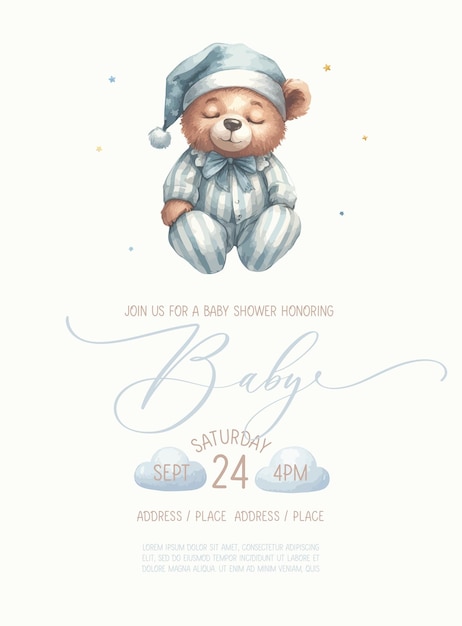 Vector cute baby shower watercolor invitation card with sleeping bear