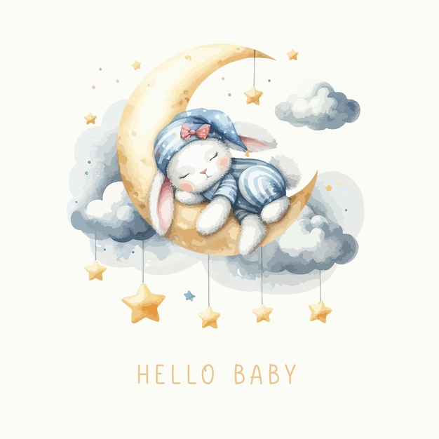 Vector cute baby shower watercolor invitation card with sleeping bunny on moon and cloud