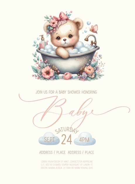 Cute baby shower watercolor invitation card with teddy bear girl takes a bath with foam