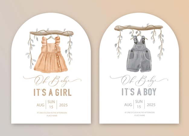 귀여운 베이비 샤워 수채화 초대장 It's a girl It's a boy card with baby dress and toys